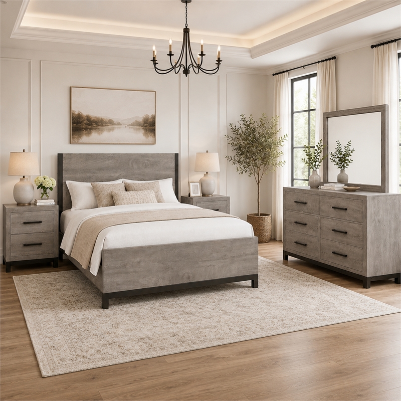Queen Bedroom Set- Gray Wood- 5 Piece Set with 2 Nightstands- Dresser- Mirror