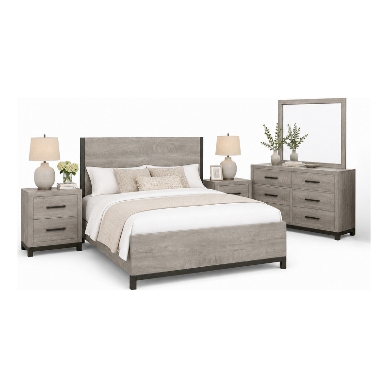 Queen Bedroom Set- Gray Wood- 5 Piece Set with 2 Nightstands- Dresser- Mirror
