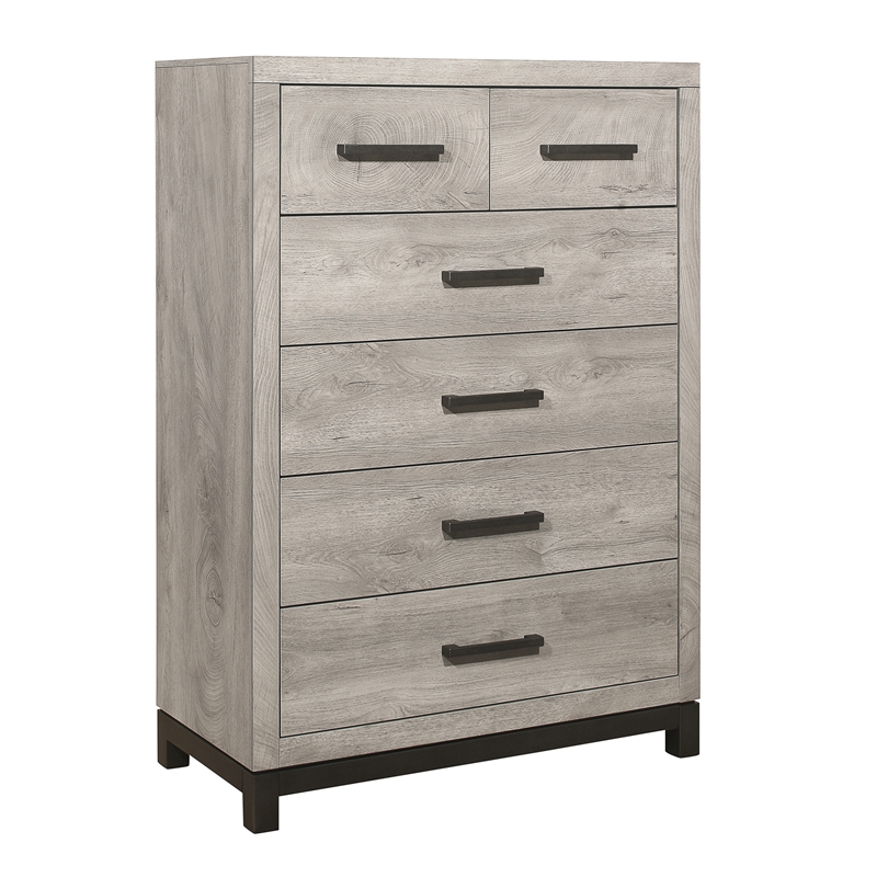 Queen Bedroom Set- Gray Wood- 5 Piece Set with 2 Nightstands- Dresser- and Chest