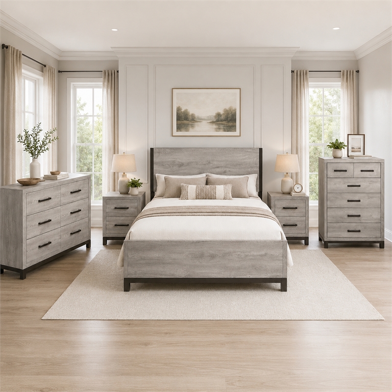 Queen Bedroom Set- Gray Wood- 5 Piece Set with 2 Nightstands- Dresser- and Chest