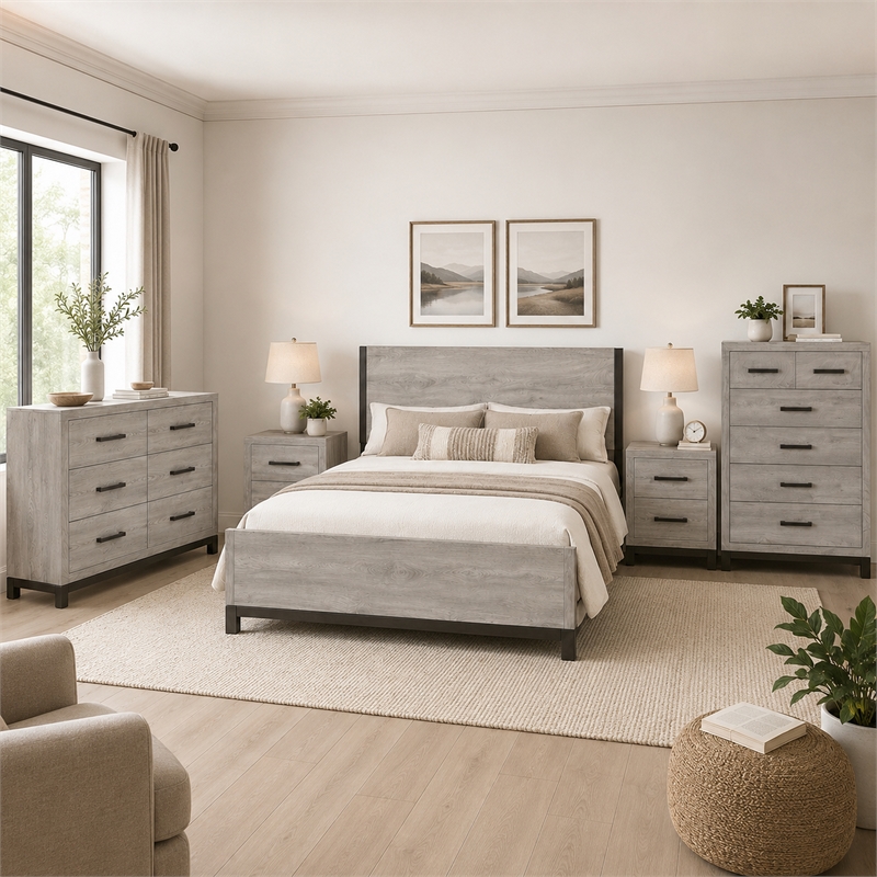 Queen Bedroom Set- Gray Wood- 5 Piece Set with 2 Nightstands- Dresser- and Chest