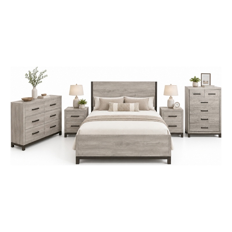 Queen Bedroom Set- Gray Wood- 5 Piece Set with 2 Nightstands- Dresser- and Chest