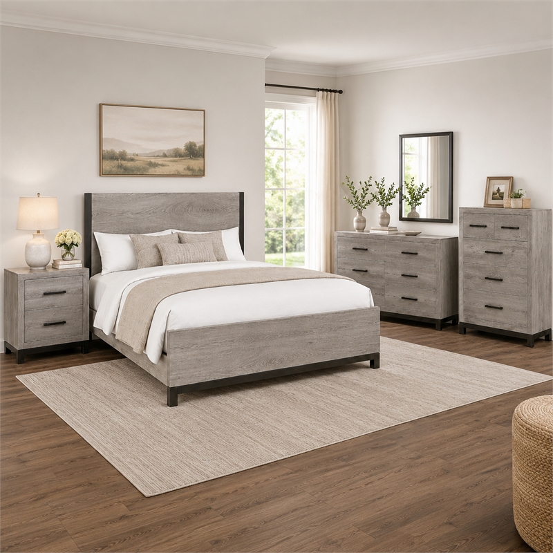 Queen Bedroom Set- Gray Wood- 4 Piece Set with Nightstand- Dresser- and Chest