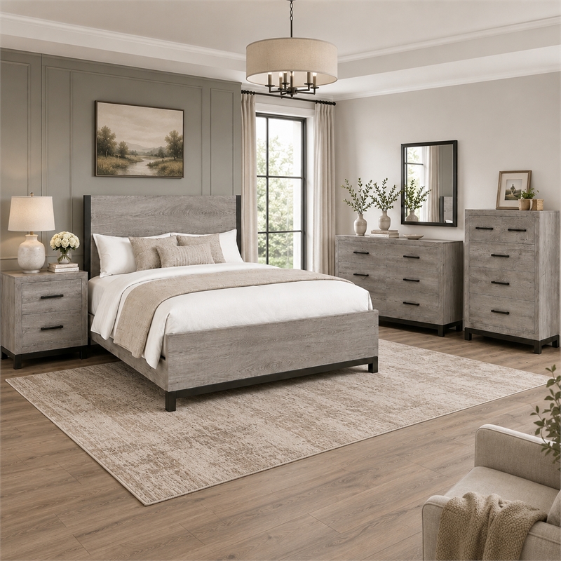 Queen Bedroom Set- Gray Wood- 4 Piece Set with Nightstand- Dresser- and Chest