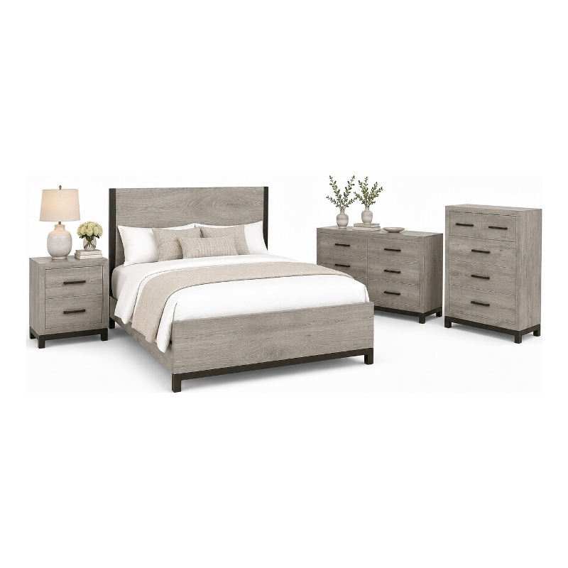 Queen Bedroom Set- Gray Wood- 4 Piece Set with Nightstand- Dresser- and Chest