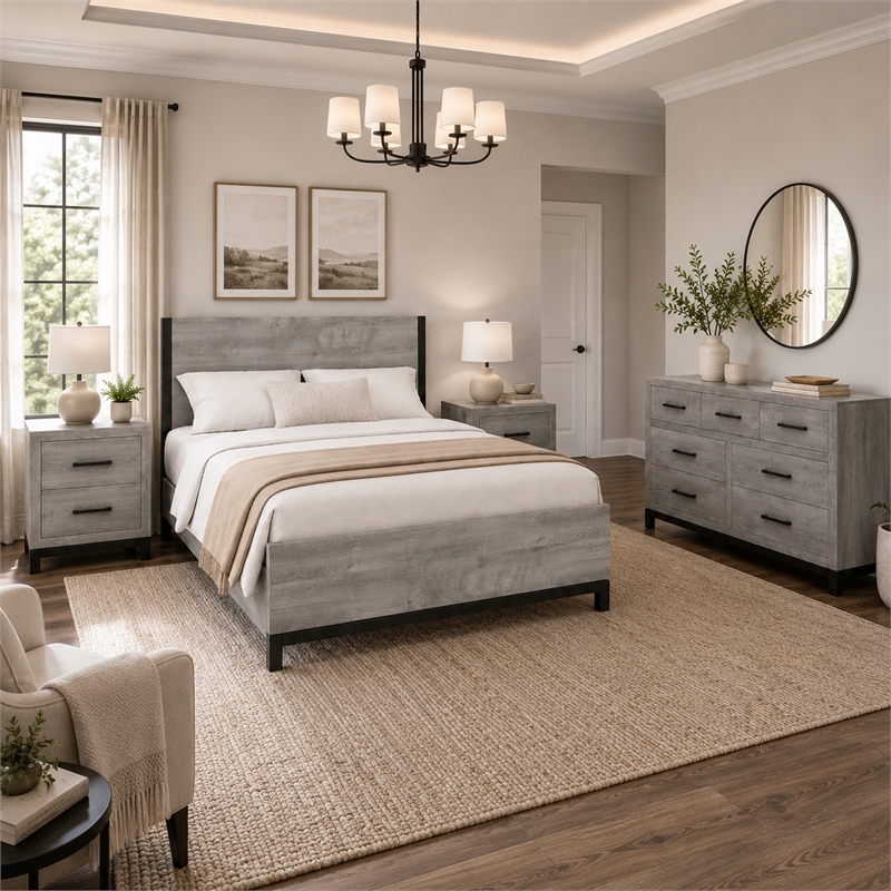 Queen Bedroom Set- Gray Wood- 4 Piece Set with 2 Nightstands and Dresser