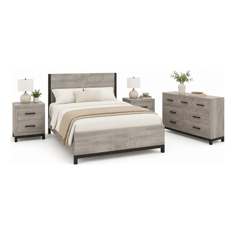 Queen Bedroom Set- Gray Wood- 4 Piece Set with 2 Nightstands and Dresser