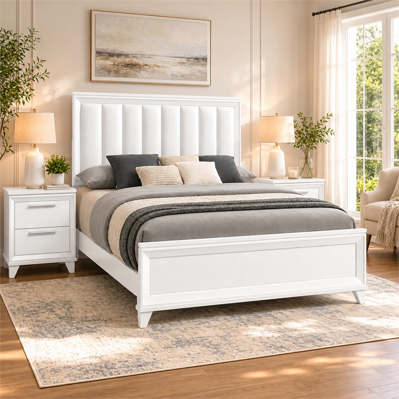 King Bedroom Set- White- Silver Wood- 3 Piece Set with 2 Nightstands