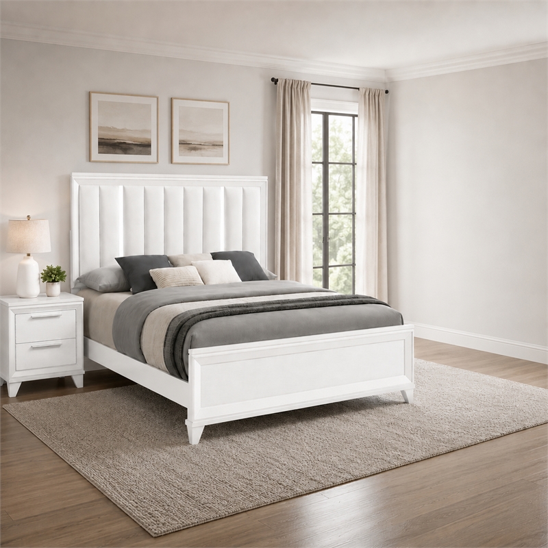 King Bedroom Set- White- Silver Wood- 2 Piece Set with Nightstand