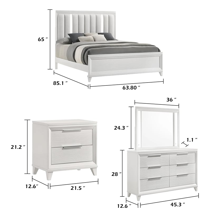 Queen Bedroom Set- White- Silver Wood- 4 Piece Set with Dresser-2 Nightstand