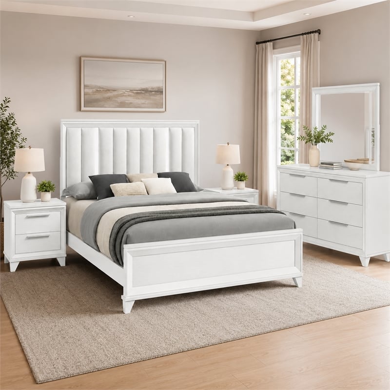 Queen Bedroom Set- White- Silver Wood- 4 Piece Set with Dresser-2 Nightstand