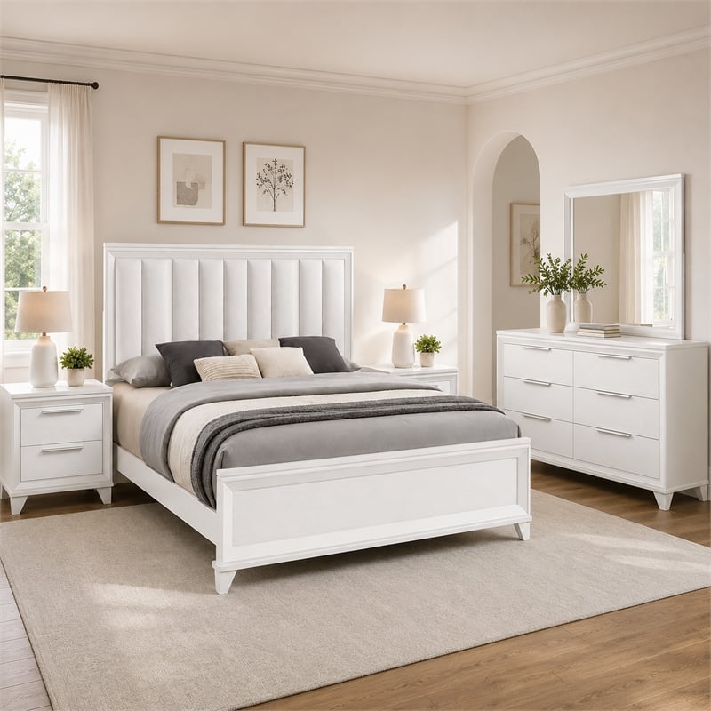 Queen Bedroom Set- White- Silver Wood- 4 Piece Set with Dresser-2 Nightstand