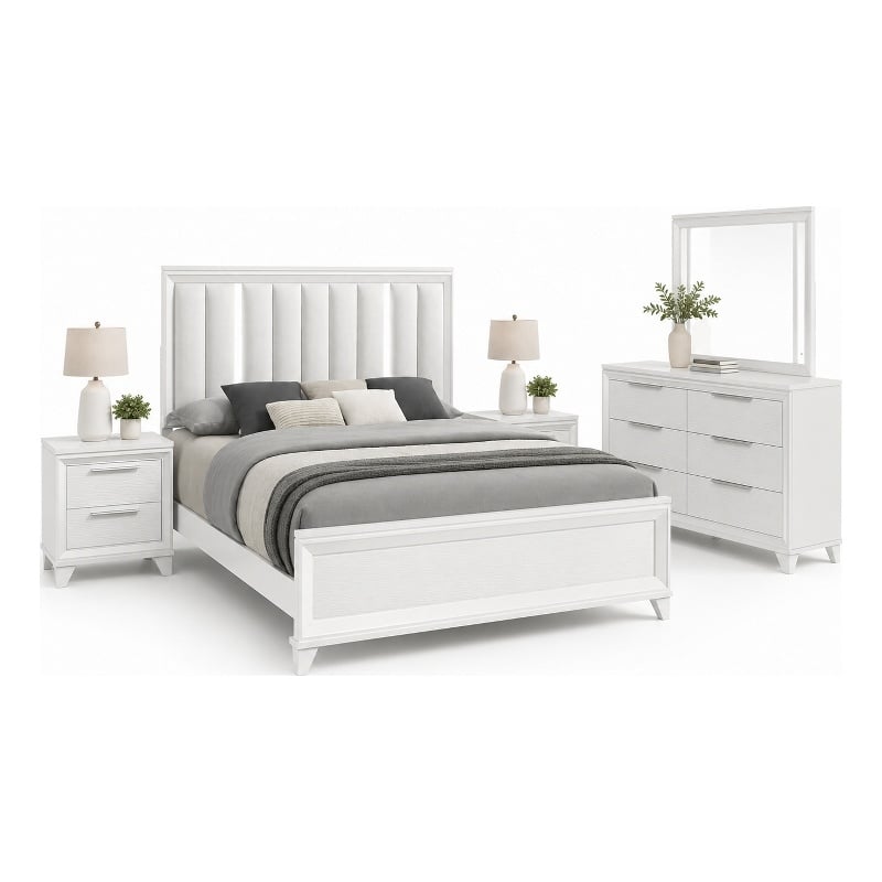 Queen Bedroom Set- White- Silver Wood- 4 Piece Set with Dresser-2 Nightstand