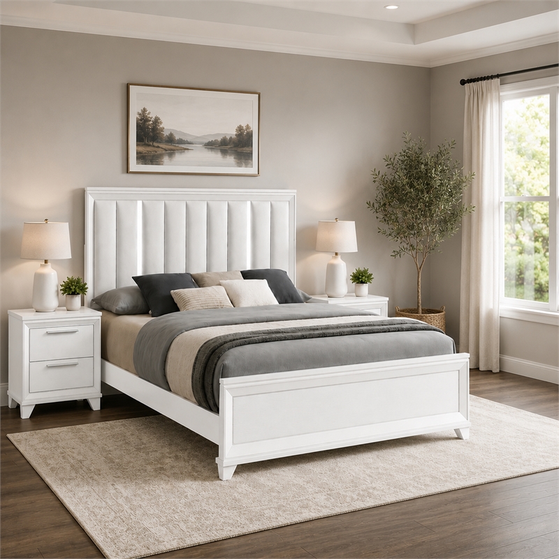 Queen Bedroom Set- White- Silver Wood- 3 Piece Set with 2 Nightstands