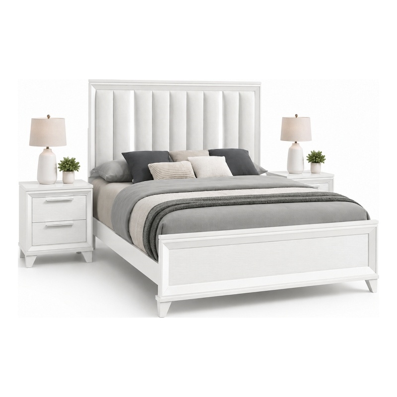 Queen Bedroom Set- White- Silver Wood- 3 Piece Set with 2 Nightstands