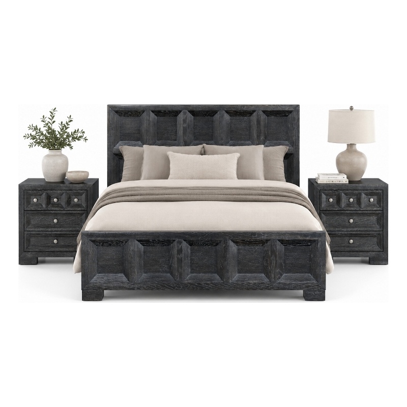 Queen Bedroom Set- Weathered Black Wood- 3 Piece Set with 2 Nightstands