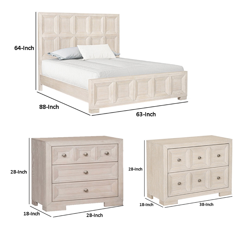 Queen Bedroom Set- Beige- Bronze Wood- 3 Piece Set with 2 Nightstands