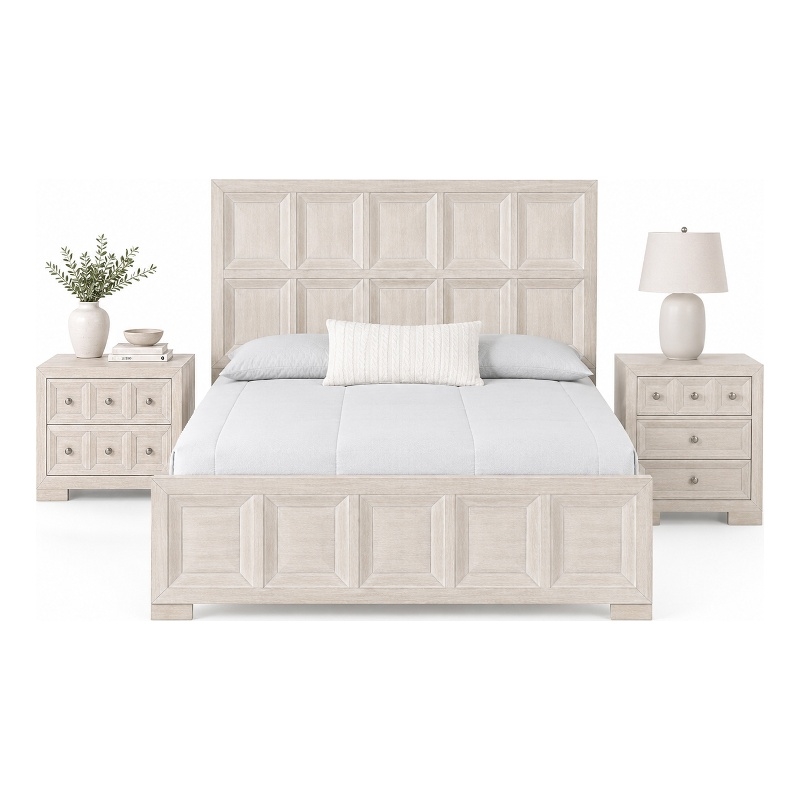Queen Bedroom Set- Beige- Bronze Wood- 3 Piece Set with 2 Nightstands