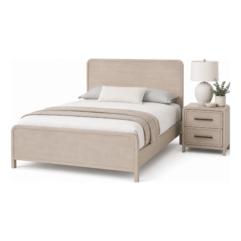 Queen Bedroom Set- Natural Oak Beige Brown Wood- 2 Piece Set with Nightstand