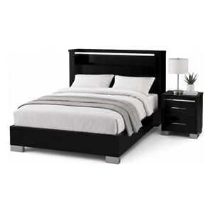 Queen Bedroom Set- Black- Chrome Wood- 2 Piece Set with Nightstand
