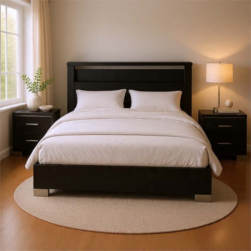 Queen Bedroom Set- Black- Chrome Wood- 3 Piece Set with 2 Nightstands