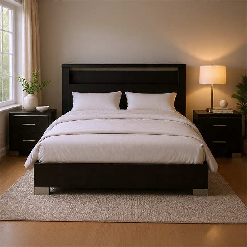 Queen Bedroom Set- Black- Chrome Wood- 3 Piece Set with 2 Nightstands