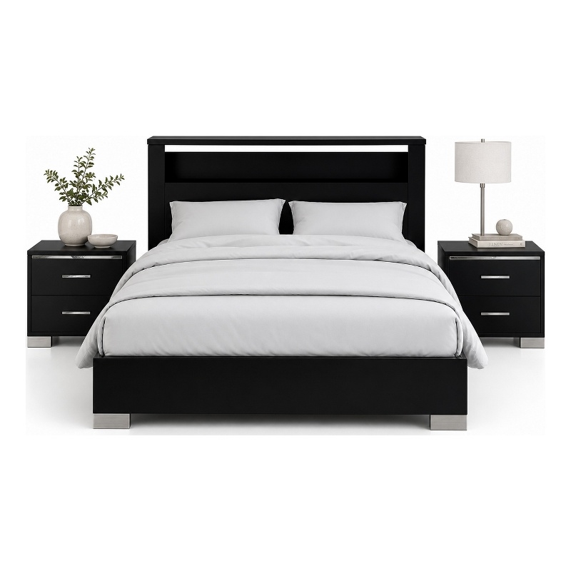 Queen Bedroom Set- Black- Chrome Wood- 3 Piece Set with 2 Nightstands