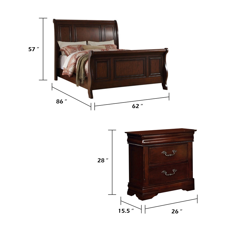 Queen Bedroom Set- Brown Wood- 3 Piece Set with 2 Nightstands