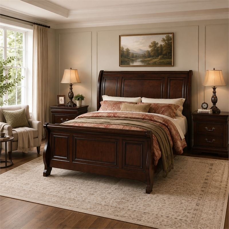 Queen Bedroom Set- Brown Wood- 3 Piece Set with 2 Nightstands
