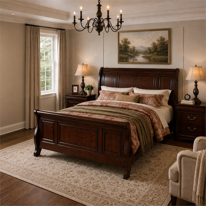 Queen Bedroom Set- Brown Wood- 3 Piece Set with 2 Nightstands