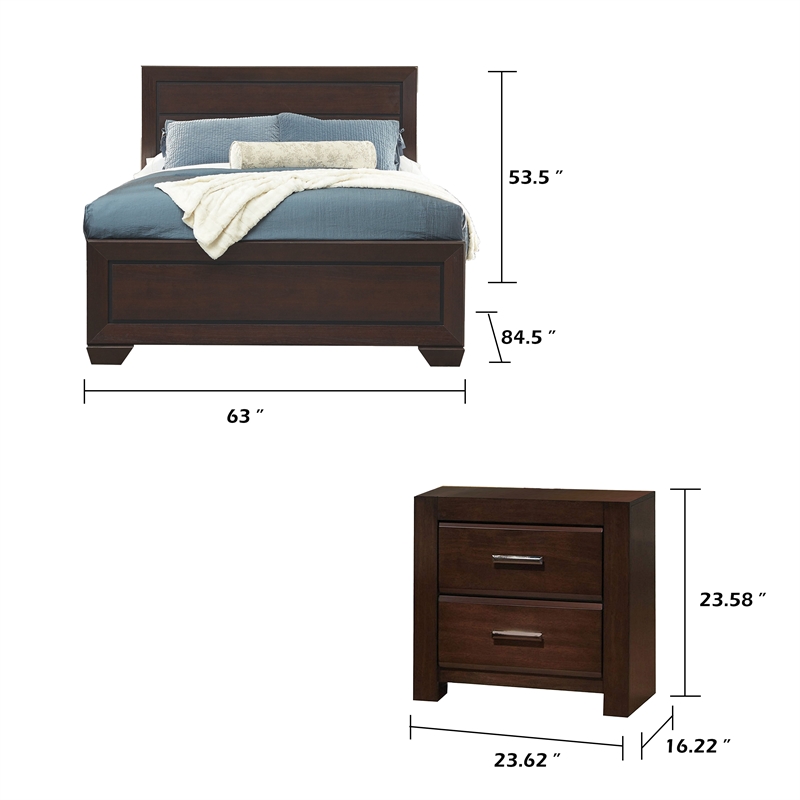 Queen Bedroom Set- Brown Wood- 3 Piece Set with 2 Nightstands