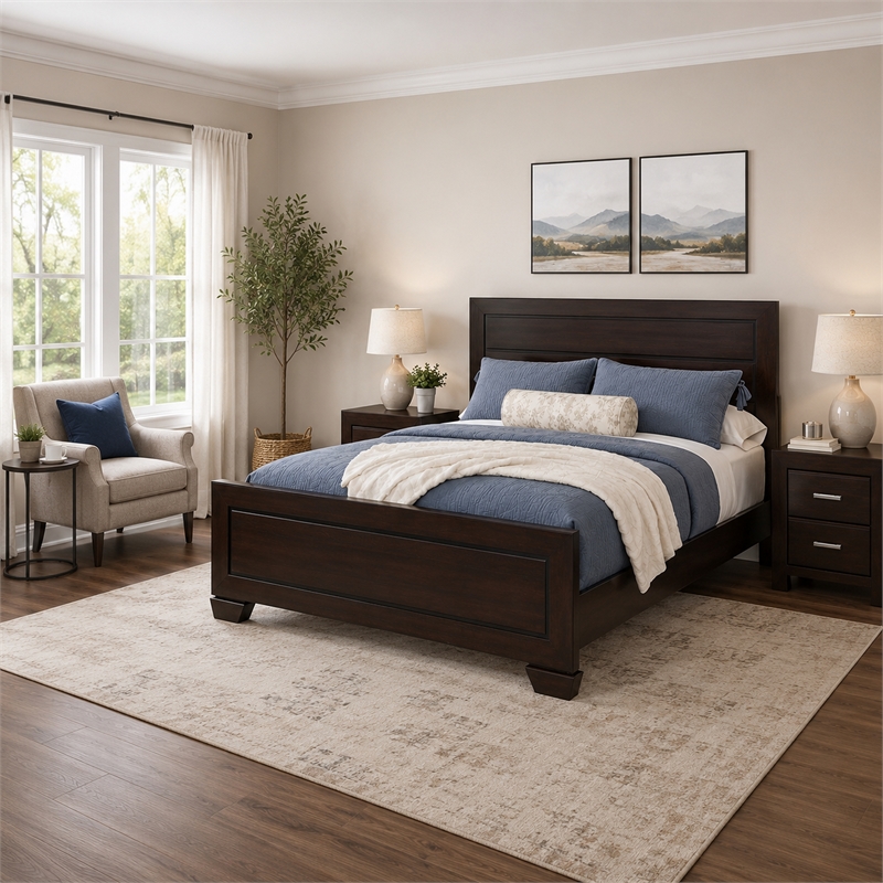 Queen Bedroom Set- Brown Wood- 3 Piece Set with 2 Nightstands