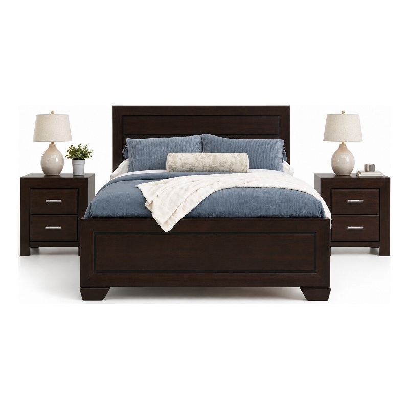 Queen Bedroom Set- Brown Wood- 3 Piece Set with 2 Nightstands