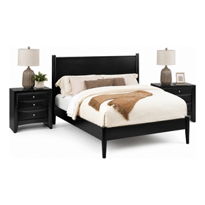 Queen Bedroom Set- Black Wood- 3 Piece Set with 2 Nightstands