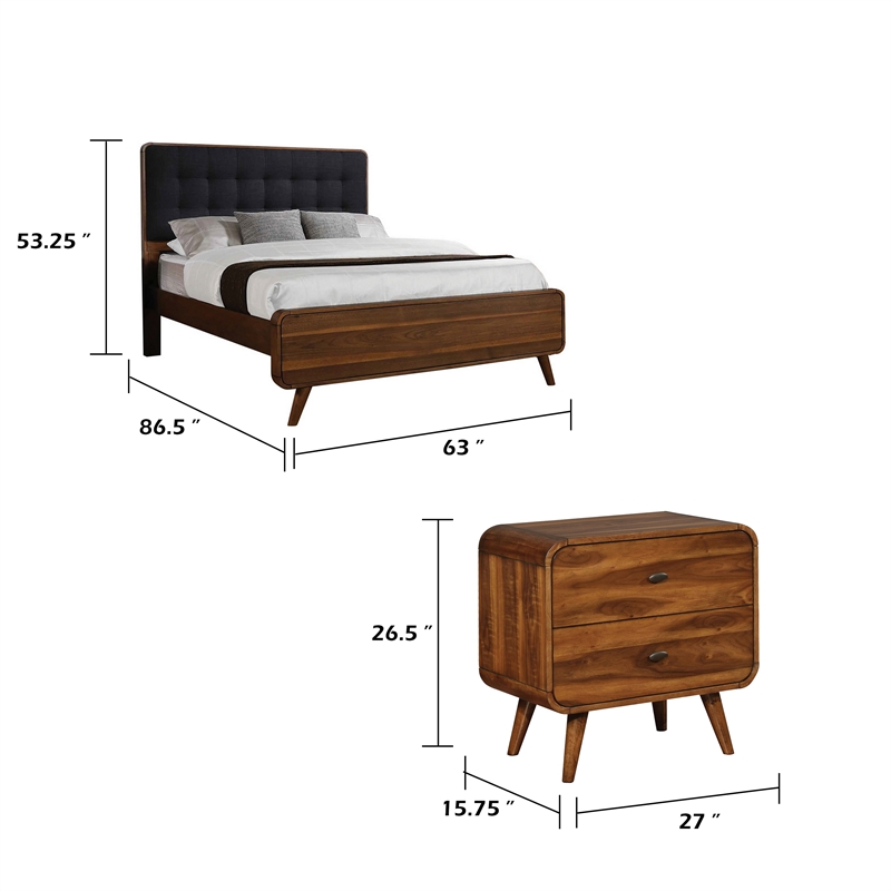 Queen Bedroom Set- Gray- Brown Wood- 3 Piece Set with 2 Nightstands