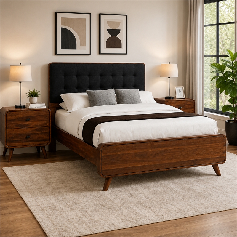 Queen Bedroom Set- Gray- Brown Wood- 3 Piece Set with 2 Nightstands