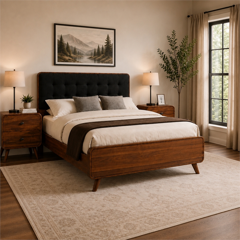 Queen Bedroom Set- Gray- Brown Wood- 3 Piece Set with 2 Nightstands