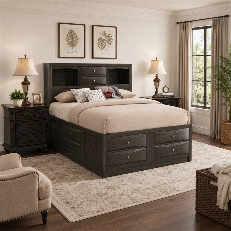 Queen Bedroom Set- Brown Wood- 3 Piece Set with 2 Nightstands