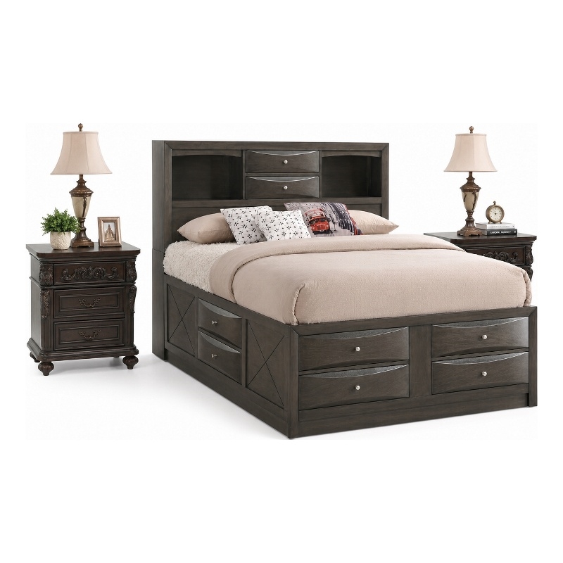 Queen Bedroom Set- Brown Wood- 3 Piece Set with 2 Nightstands