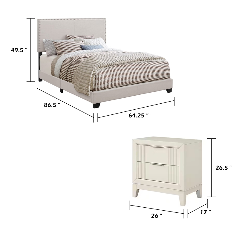 Queen Bedroom Set- Ivory- White- Chrome Wood- 3 Piece Set with 2 Nightstands