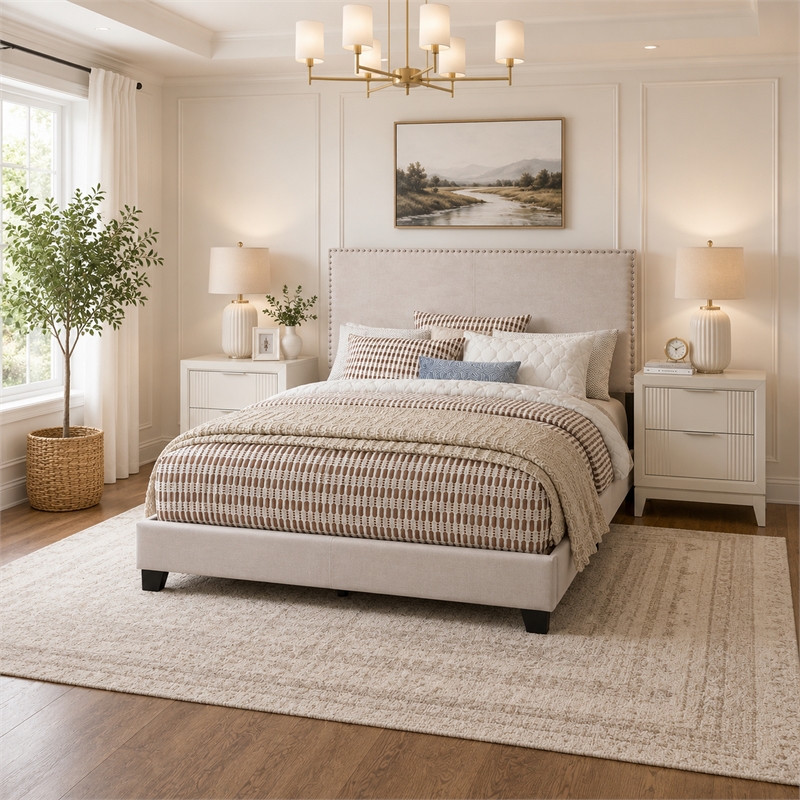 Queen Bedroom Set- Ivory- White- Chrome Wood- 3 Piece Set with 2 Nightstands