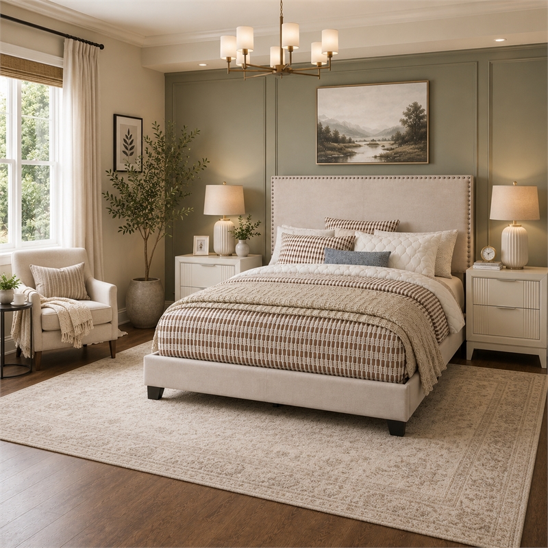 Queen Bedroom Set- Ivory- White- Chrome Wood- 3 Piece Set with 2 Nightstands