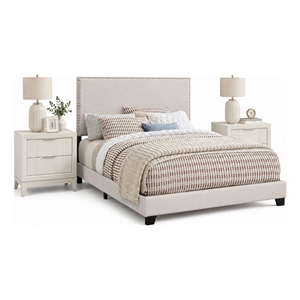 queen bedroom set- ivory- white- chrome wood- 3 piece set with 2 nightstands