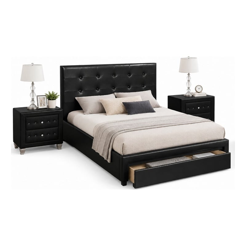 Queen Bedroom Set- Black Wood- 3 Piece Set with 2 Nightstands