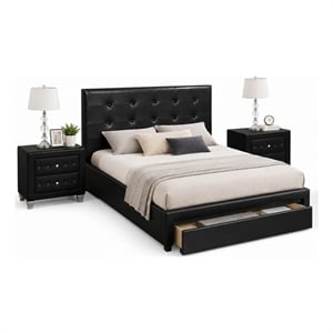 Queen Bedroom Set- Black Wood- 3 Piece Set with 2 Nightstands