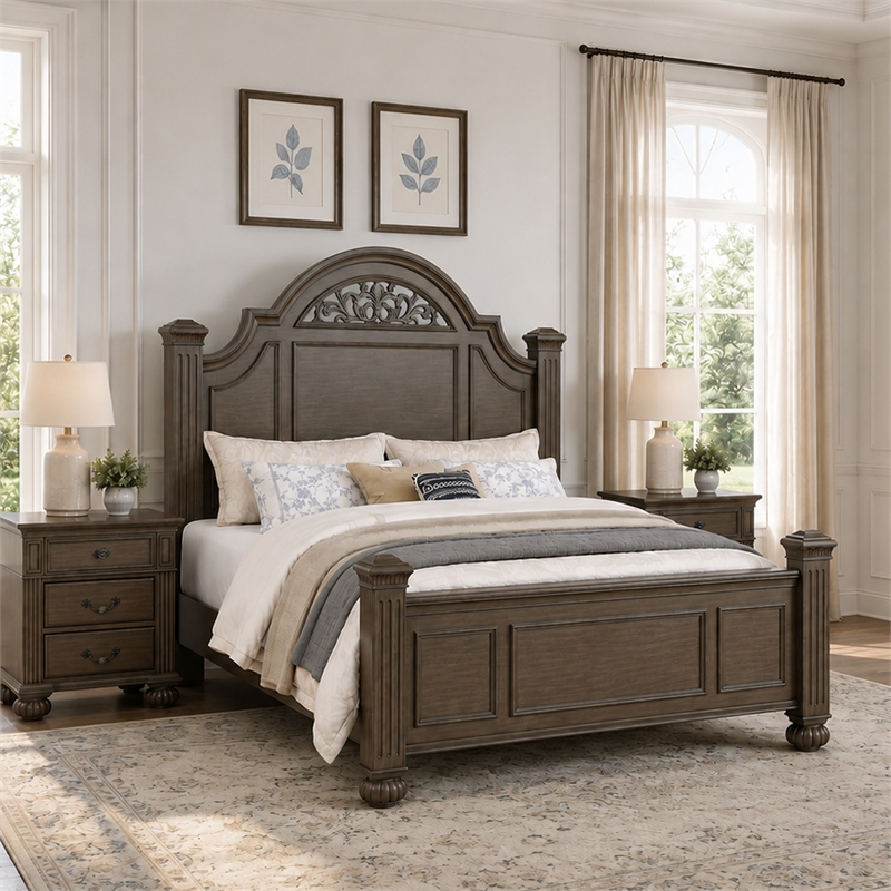 Queen Bedroom Set- Gray- Brass- Clear Wood- 3 Piece Set with 2 Nightstands