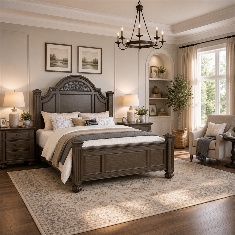 Queen Bedroom Set- Gray- Brass- Clear Wood- 3 Piece Set with 2 Nightstands