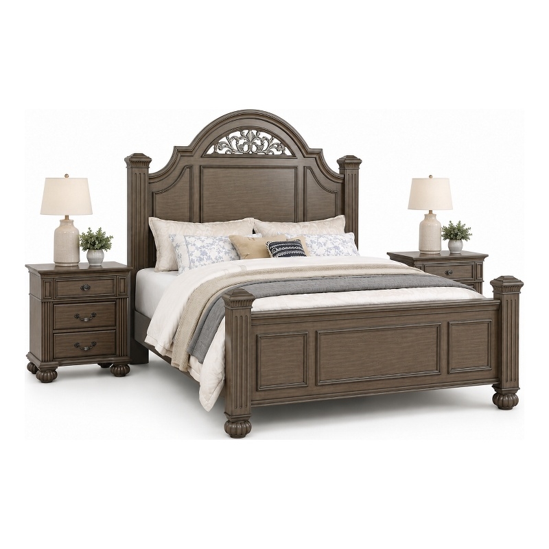 Queen Bedroom Set- Gray- Brass- Clear Wood- 3 Piece Set with 2 Nightstands