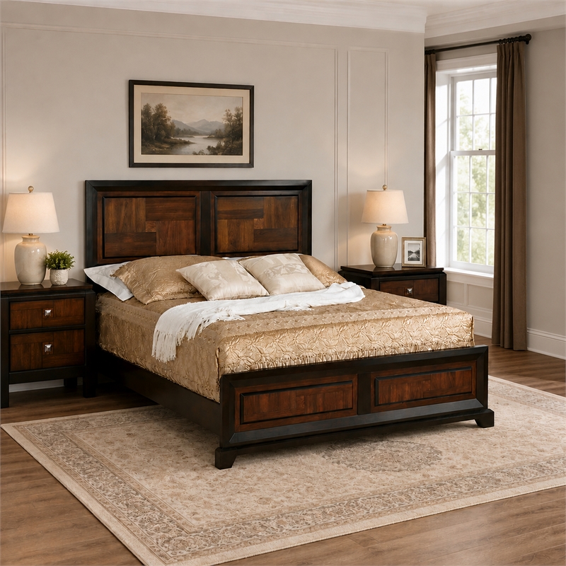 Queen Bedroom Set- Brown Wood- 3 Piece Set with 2 Nightstands