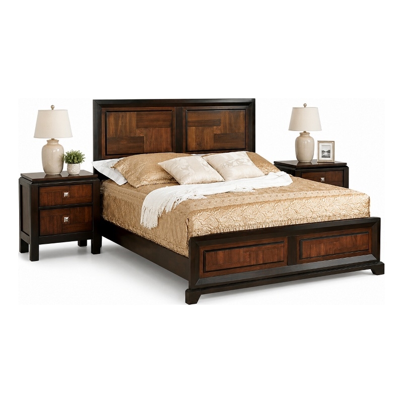 Queen Bedroom Set- Brown Wood- 3 Piece Set with 2 Nightstands